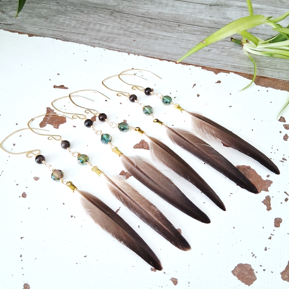 Chic Seagull Feather Obsidian Gemstone Beaded Drop Earrings